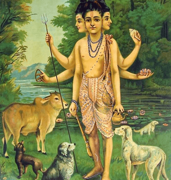 Spiritual deity artwork with animals in natural setting